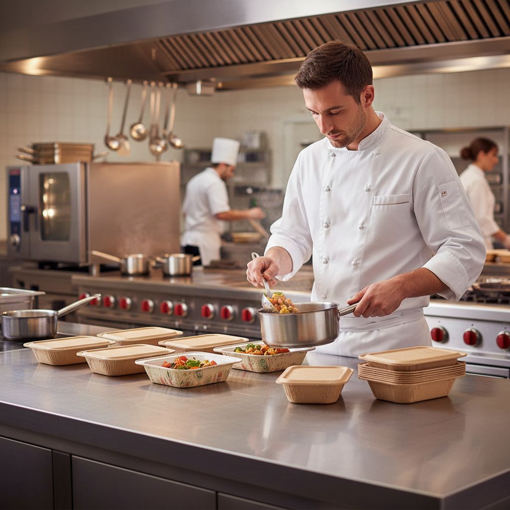 Chef préparant des plats dans une cuisine professionnelle