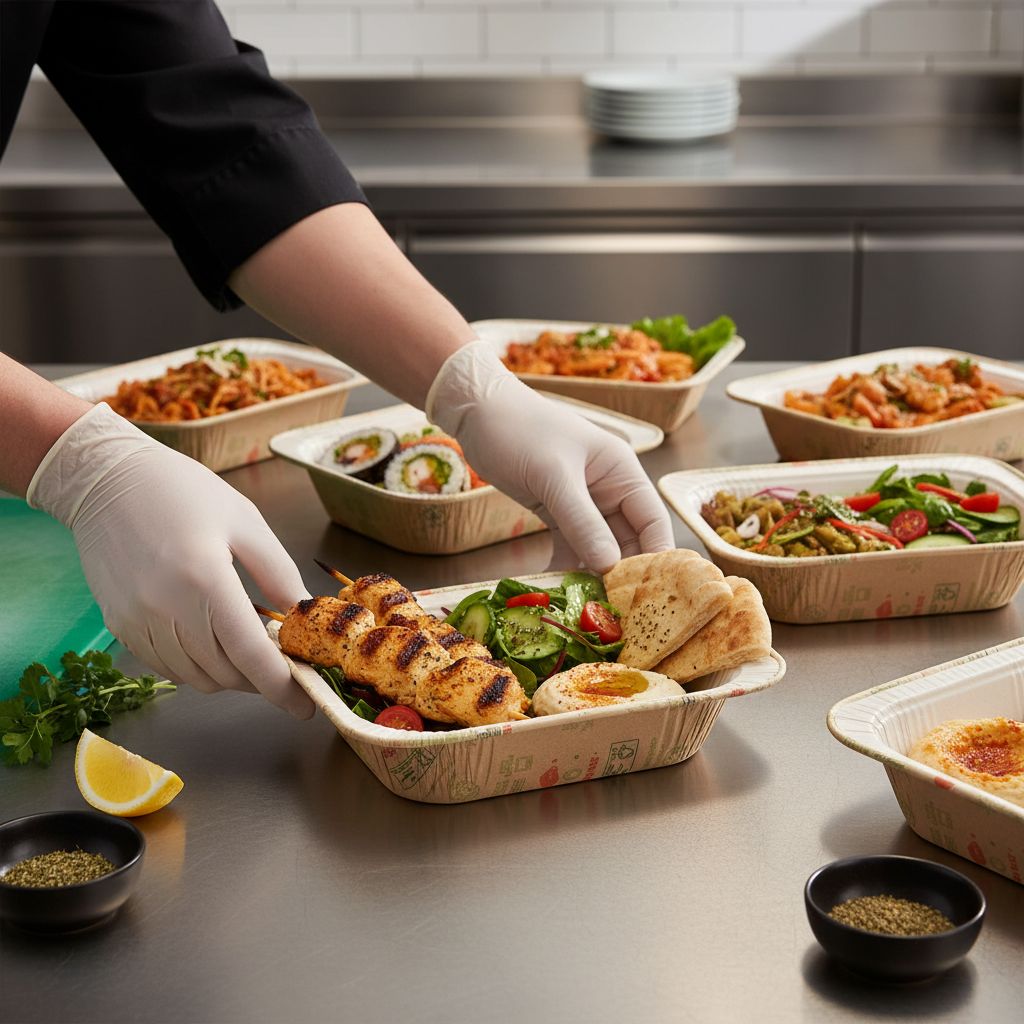 Préparation de repas à emporter dans des barquettes écologiques